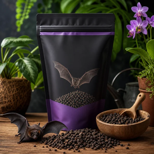 Bolsa negra y morada con un murciélago dibujado, gránulos oscuros en un cuenco con cuchara y una figura de murciélago al lado. Bolsa negra y morada con un murciélago dibujado, gránulos oscuros en un cuenco con cuchara y una figura de murciélago al lado.