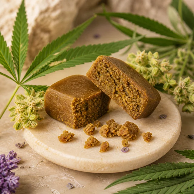 Dos bloques marrones de textura granulada, uno partido, sobre una bandeja circular clara con migas, hojas de cannabis y flores alrededor.