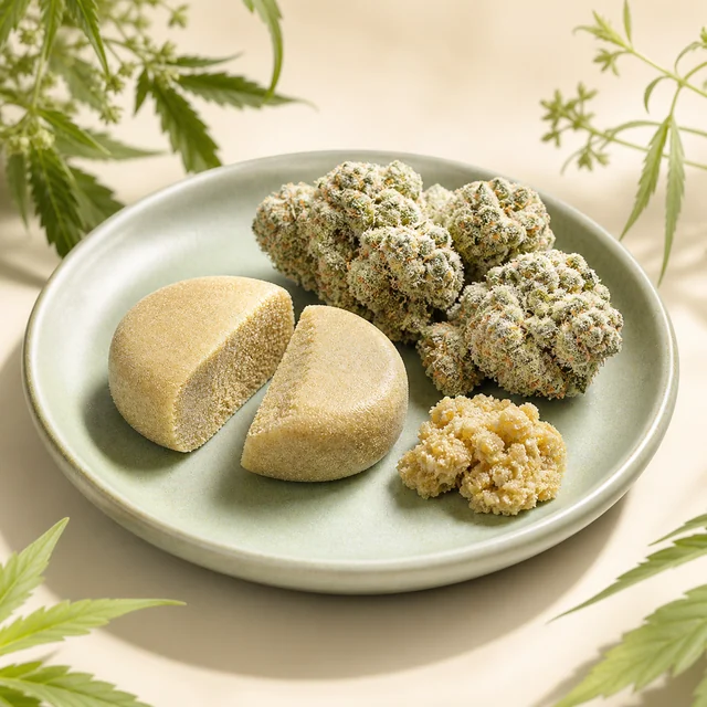 Plato verde con dos porciones compactas doradas, un montículo desmenuzado y varios cogollos, rodeado de hojas de cannabis. Plato verde con dos porciones compactas doradas, un montículo desmenuzado y varios cogollos, rodeado de hojas de cannabis.