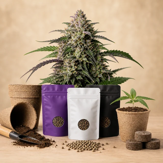 Tres bolsas de semillas, morada, blanca y negra, ante una planta de cannabis con flores; alrededor hay macetas, sustrato y una plántula.