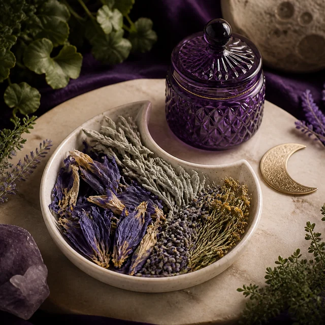 Bandeja de media luna con flores y hierbas secas, junto a un tarro violeta con tapa, una luna dorada y un cristal morado. Bandeja de media luna con flores y hierbas secas, junto a un tarro violeta con tapa, una luna dorada y un cristal morado.