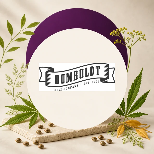 Logotipo negro de Humboldt Seed Company, con «Est. 2001», sobre un círculo crema rodeado de hojas de cannabis y semillas. Logotipo negro de Humboldt Seed Company, con «Est. 2001», sobre un círculo crema rodeado de hojas de cannabis y semillas.