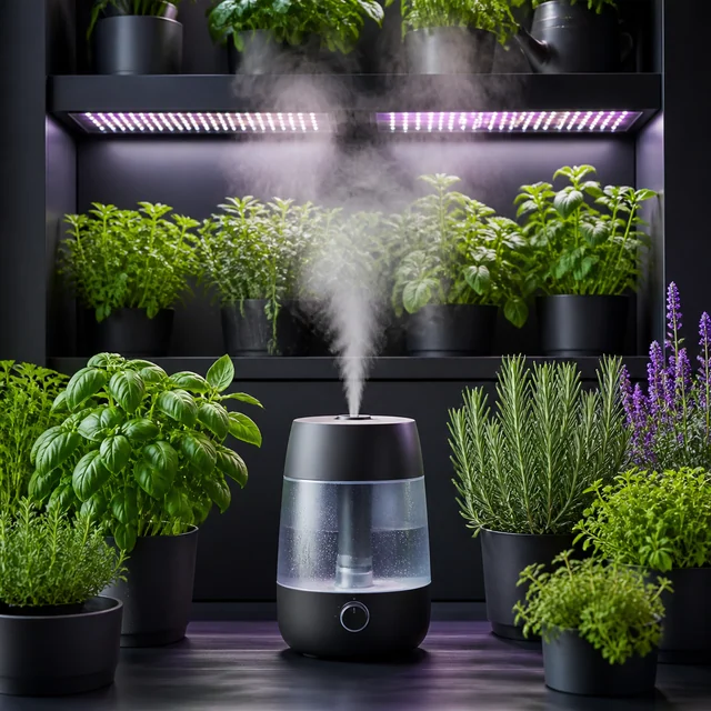 Humidificador negro con depósito transparente y una columna de niebla, rodeado de plantas en macetas bajo luces de cultivo. Humidificador negro con depósito transparente y una columna de niebla, rodeado de plantas en macetas bajo luces de cultivo.