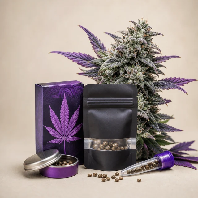 Semillas en una bolsa negra, una lata abierta y un tubo, junto a una caja morada y una planta de cannabis con flores y hojas violetas. Semillas en una bolsa negra, una lata abierta y un tubo, junto a una caja morada y una planta de cannabis con flores y hojas violetas.