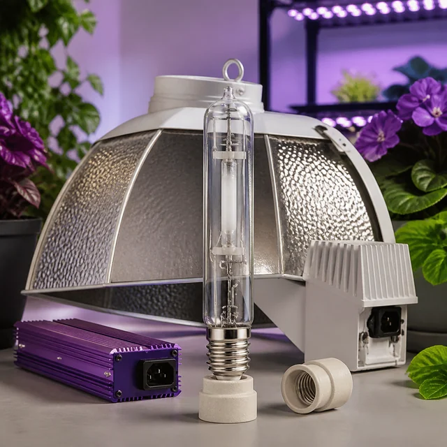 Selección de iluminación de cultivo con bombilla tubular en primer plano, reflector, dos equipos de alimentación y casquillos blancos. Selección de iluminación de cultivo con bombilla tubular en primer plano, reflector, dos equipos de alimentación y casquillos blancos.