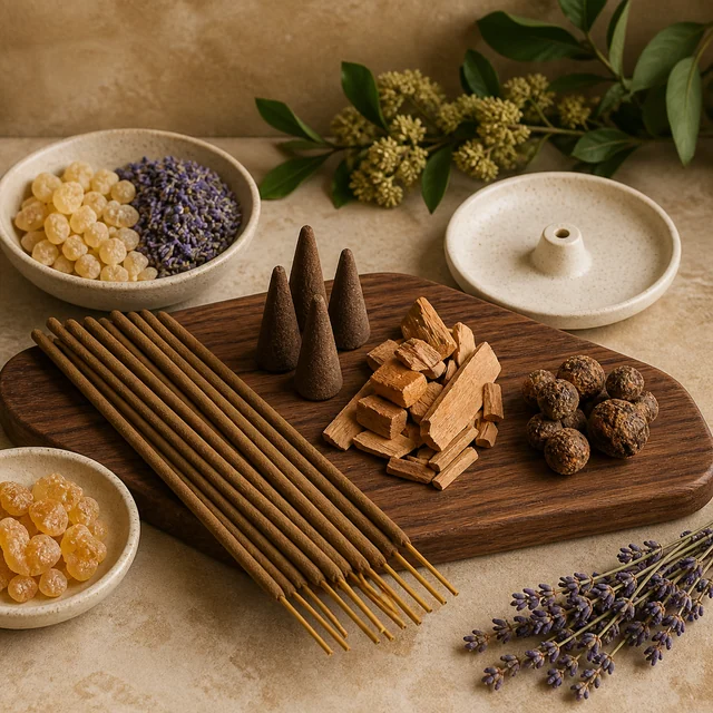 Varillas y conos de incienso sobre una tabla, junto a trozos de madera, bolas marrones, resina, lavanda y un soporte claro. Varillas y conos de incienso sobre una tabla, junto a trozos de madera, bolas marrones, resina, lavanda y un soporte claro.
