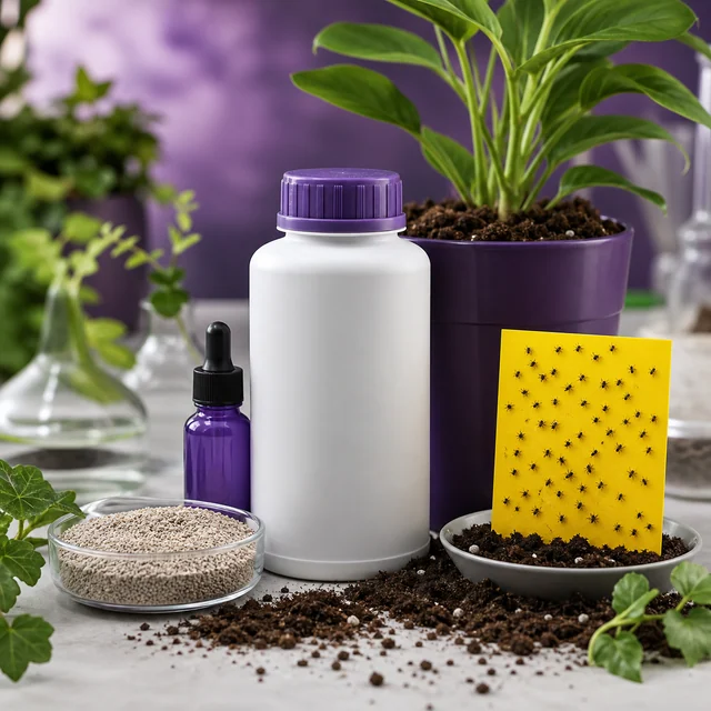 Botella blanca, frasco morado con cuentagotas y gránulos junto a una maceta y una tarjeta amarilla con insectos adheridos.