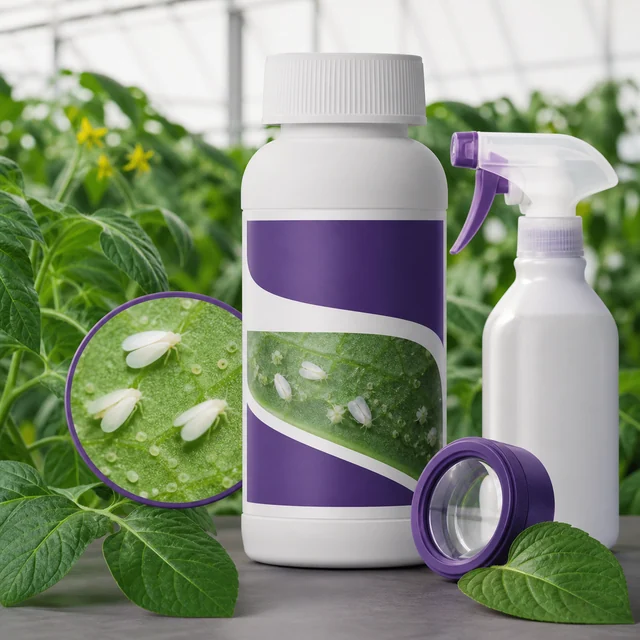 Bote con etiqueta morada y pulverizador blanco entre plantas, con una lupa y un detalle ampliado de moscas blancas sobre una hoja.