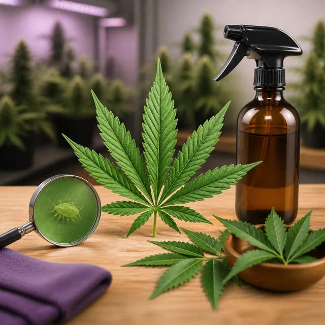 Hoja de cannabis junto a un pulverizador ámbar y una lupa que muestra un pequeño insecto verde, con plantas desenfocadas al fondo.