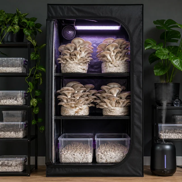 Armario de cultivo abierto con setas en bloques sobre estantes, dos recipientes inferiores, luz superior y un pequeño ventilador. Armario de cultivo abierto con setas en bloques sobre estantes, dos recipientes inferiores, luz superior y un pequeño ventilador.