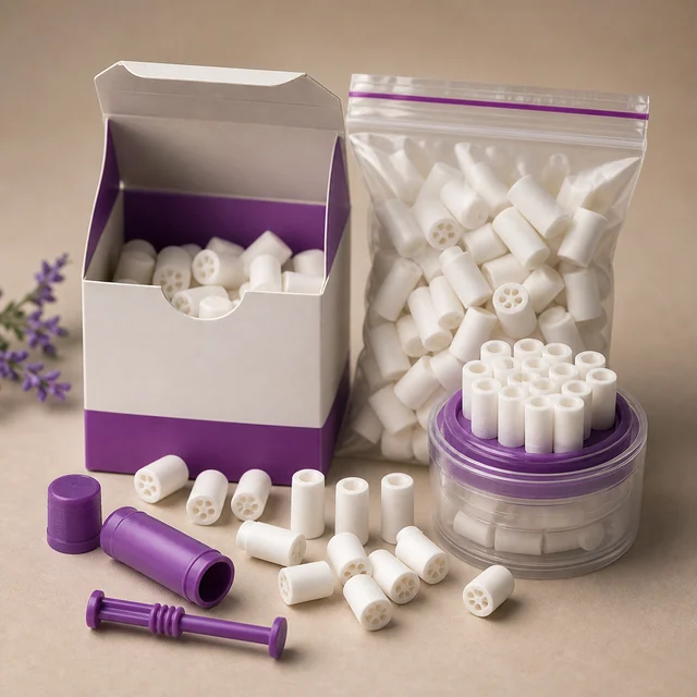 Filtros cilíndricos blancos con orificios, en caja, bolsa y recipiente transparente, junto a accesorios morados.