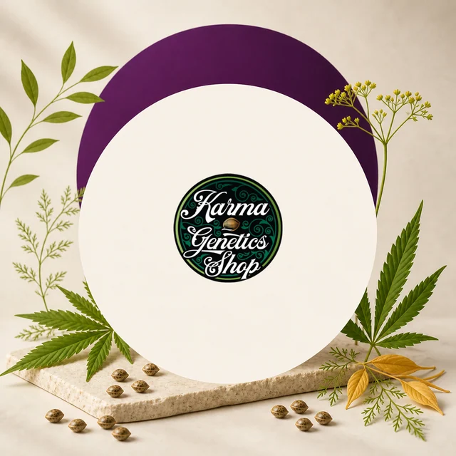 Logotipo circular de Karma Genetics Shop sobre fondo crema con arco morado, hojas de cannabis y semillas en primer plano. Logotipo circular de Karma Genetics Shop sobre fondo crema con arco morado, hojas de cannabis y semillas en primer plano.