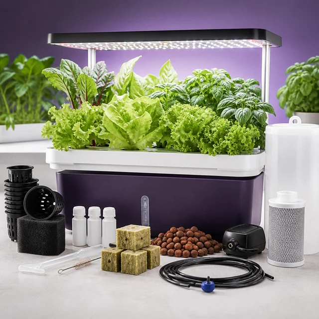 Sistema de cultivo hidropónico con hortalizas bajo una lámpara LED y una selección de recipientes, sustratos, bomba y tubos delante. Sistema de cultivo hidropónico con hortalizas bajo una lámpara LED y una selección de recipientes, sustratos, bomba y tubos delante.