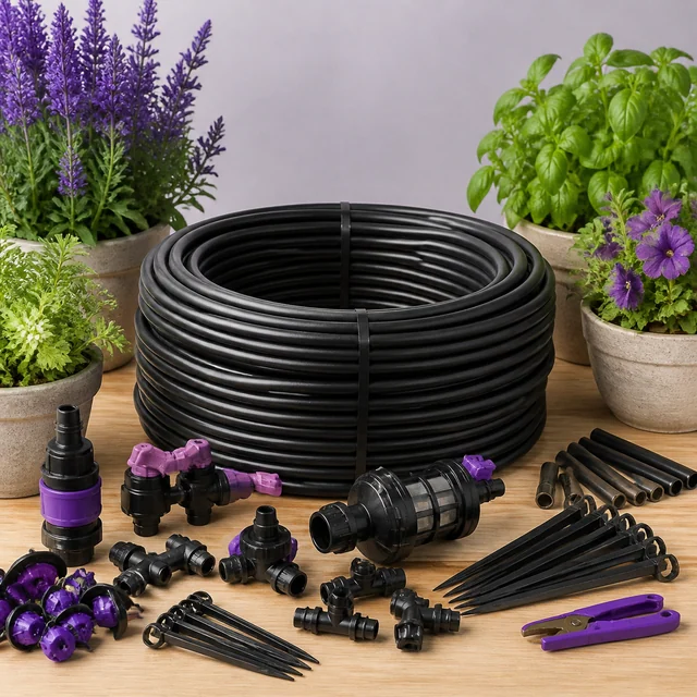 Rollo de tubo negro para riego por goteo con conectores, válvulas, filtro, estacas y herramienta de corte sobre una mesa entre plantas.