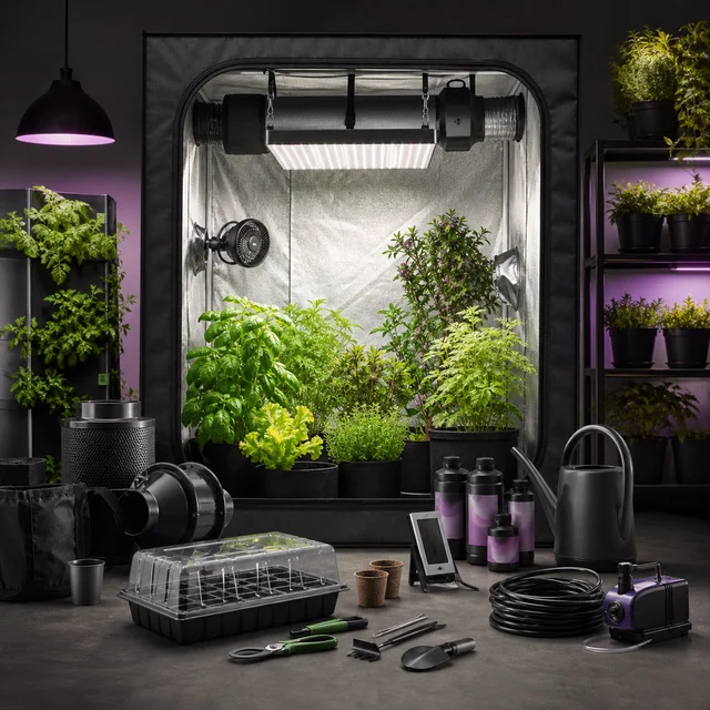 Armario de cultivo abierto con plantas, lámpara y ventilador, rodeado de macetas, propagador, riego y herramientas. Armario de cultivo abierto con plantas, lámpara y ventilador, rodeado de macetas, propagador, riego y herramientas.