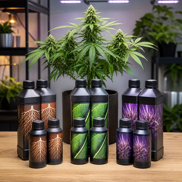 Botellas negras de varios tamaños con etiquetas de raíces, hojas y flores moradas, ante una planta de cannabis con cogollos. Botellas negras de varios tamaños con etiquetas de raíces, hojas y flores moradas, ante una planta de cannabis con cogollos.