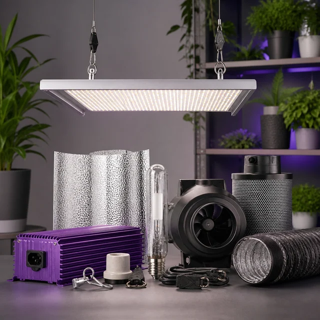 Selección de equipos de cultivo: panel luminoso suspendido, reflector, bombilla, balastro morado, extractor, filtro y tubo flexible. Selección de equipos de cultivo: panel luminoso suspendido, reflector, bombilla, balastro morado, extractor, filtro y tubo flexible.