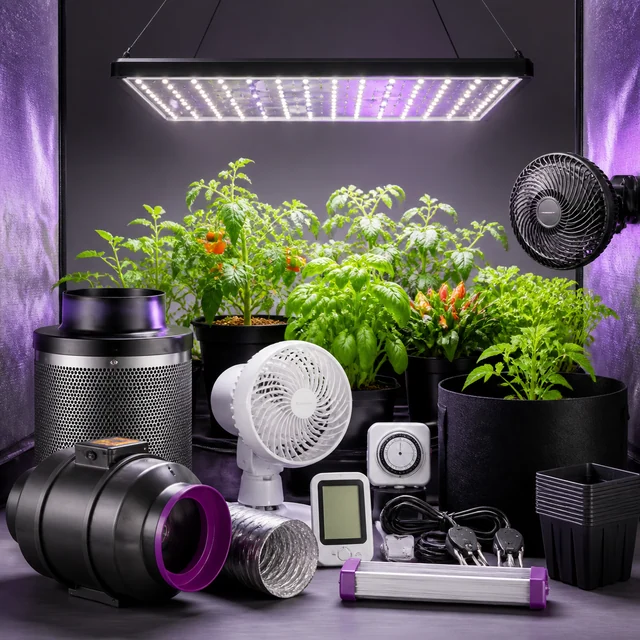 Panel LED encendido sobre plantas en un armario de cultivo, con ventiladores, filtro, extractor, conducto y accesorios eléctricos. Panel LED encendido sobre plantas en un armario de cultivo, con ventiladores, filtro, extractor, conducto y accesorios eléctricos.