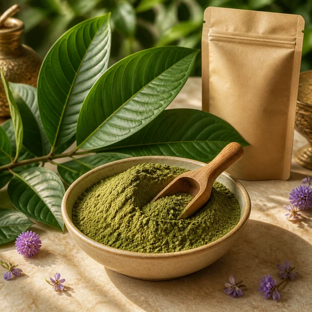 Cuenco de polvo verde con una pala de madera, junto a una bolsa marrón sin etiqueta, hojas grandes y pequeñas flores moradas.