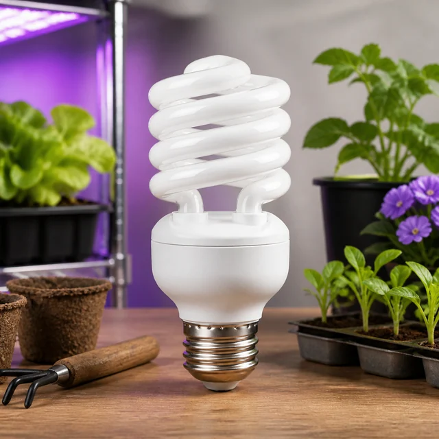 Bombilla CFL blanca de tubo espiral y casquillo roscado, en primer plano sobre una mesa con semilleros y macetas alrededor. Bombilla CFL blanca de tubo espiral y casquillo roscado, en primer plano sobre una mesa con semilleros y macetas alrededor.