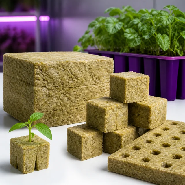 Lana de roca en bloque, cubos apilados y bandeja perforada, con una plántula en un cubo y plantas al fondo bajo luz violeta. Lana de roca en bloque, cubos apilados y bandeja perforada, con una plántula en un cubo y plantas al fondo bajo luz violeta.