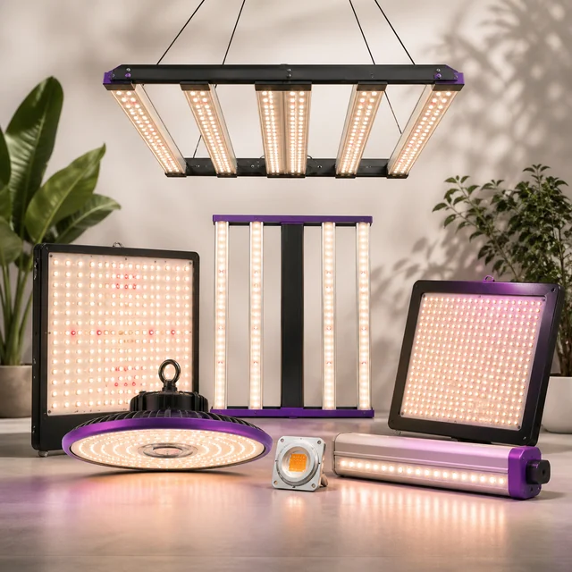 Selección de luces LED encendidas en formatos de barras, paneles cuadrados y lámpara circular, con un módulo pequeño en primer plano.