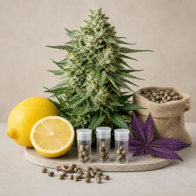 Planta de cannabis con flores junto a un limón entero y otro cortado, tres tubos con semillas, un saco y una hoja morada.
