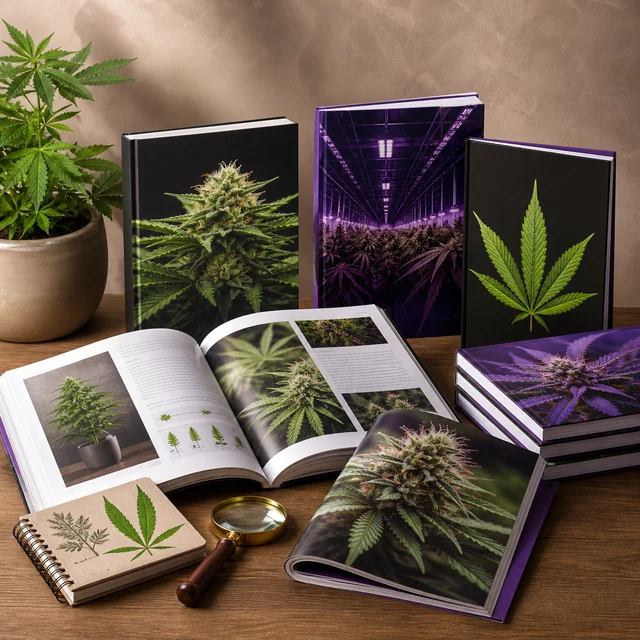 Libros y revistas abiertos y cerrados con fotografías de cannabis, junto a una libreta ilustrada, una lupa y una planta. Libros y revistas abiertos y cerrados con fotografías de cannabis, junto a una libreta ilustrada, una lupa y una planta.