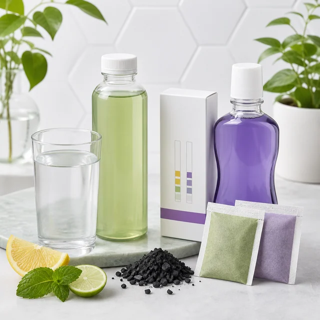 Botellas con líquidos verde claro y morado junto a un vaso de agua, sobres, cítricos, menta y un montón de gránulos negros.