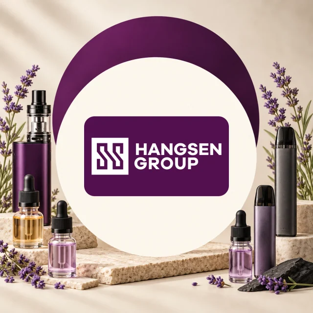 Logotipo blanco de Hangsen Group sobre un recuadro morado, entre vapeadores de distintos formatos, cuentagotas y lavanda. Logotipo blanco de Hangsen Group sobre un recuadro morado, entre vapeadores de distintos formatos, cuentagotas y lavanda.