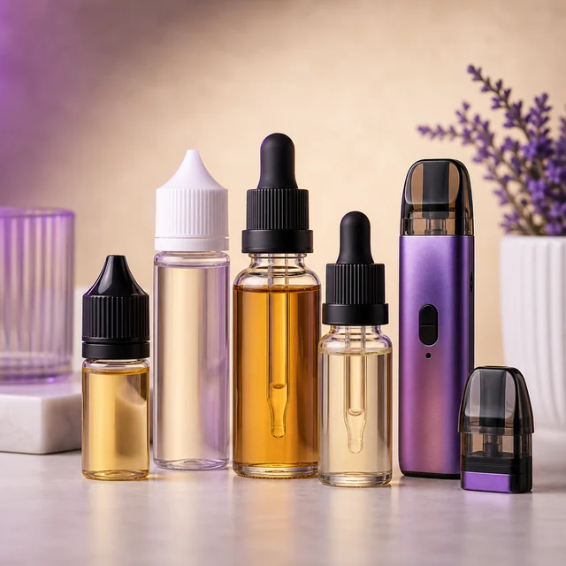 Selección de frascos de líquido con distintos tapones y goteros junto a un vapeador violeta y un cartucho separado.