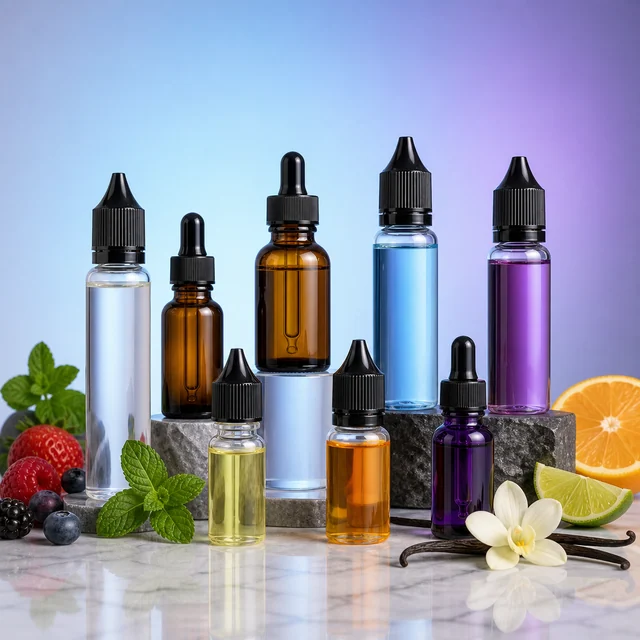 Frascos de distintos tamaños con líquidos de varios colores y tapones o cuentagotas, rodeados de frutas, menta y vainilla. Frascos de distintos tamaños con líquidos de varios colores y tapones o cuentagotas, rodeados de frutas, menta y vainilla.