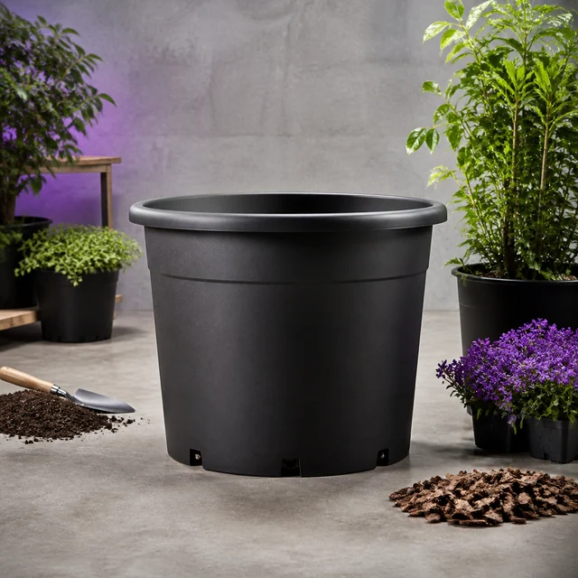 Maceta negra vacía con borde ancho y aberturas en la base, rodeada de plantas, sustrato, corteza y una pala. Maceta negra vacía con borde ancho y aberturas en la base, rodeada de plantas, sustrato, corteza y una pala.