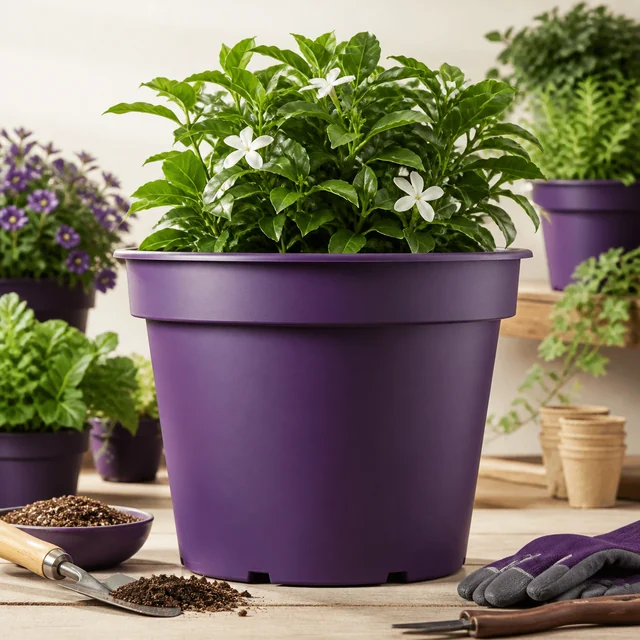 Maceta redonda morada con una planta de hojas verdes y flores blancas, sobre una mesa con tierra, guantes y herramientas. Maceta redonda morada con una planta de hojas verdes y flores blancas, sobre una mesa con tierra, guantes y herramientas.