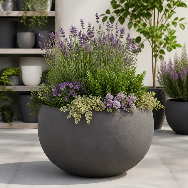 Maceta gris de cuerpo redondeado con lavanda en flor, pequeñas flores violetas y follaje colgante, sobre un suelo de baldosas. Maceta gris de cuerpo redondeado con lavanda en flor, pequeñas flores violetas y follaje colgante, sobre un suelo de baldosas.