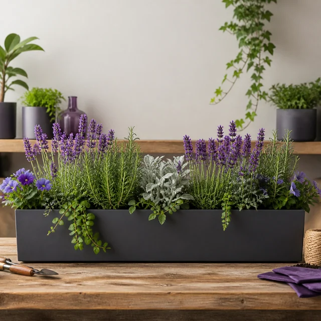 Jardinera rectangular negra con flores violetas, plantas aromáticas y tallos colgantes sobre una mesa de madera. Jardinera rectangular negra con flores violetas, plantas aromáticas y tallos colgantes sobre una mesa de madera.