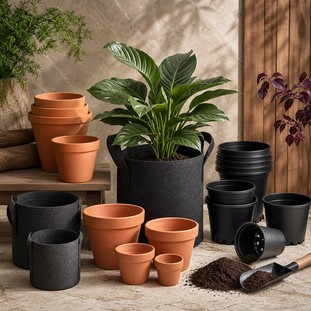 Macetas de distintos tamaños: anaranjadas, negras y bolsas de cultivo con asas, junto a una planta, tierra y una pala. Macetas de distintos tamaños: anaranjadas, negras y bolsas de cultivo con asas, junto a una planta, tierra y una pala.