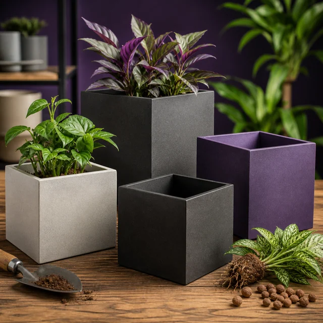 Cuatro macetas cuadradas en gris, blanco y morado, dos con plantas y dos vacías, junto a una pala y una planta con raíces expuestas. Cuatro macetas cuadradas en gris, blanco y morado, dos con plantas y dos vacías, junto a una pala y una planta con raíces expuestas.
