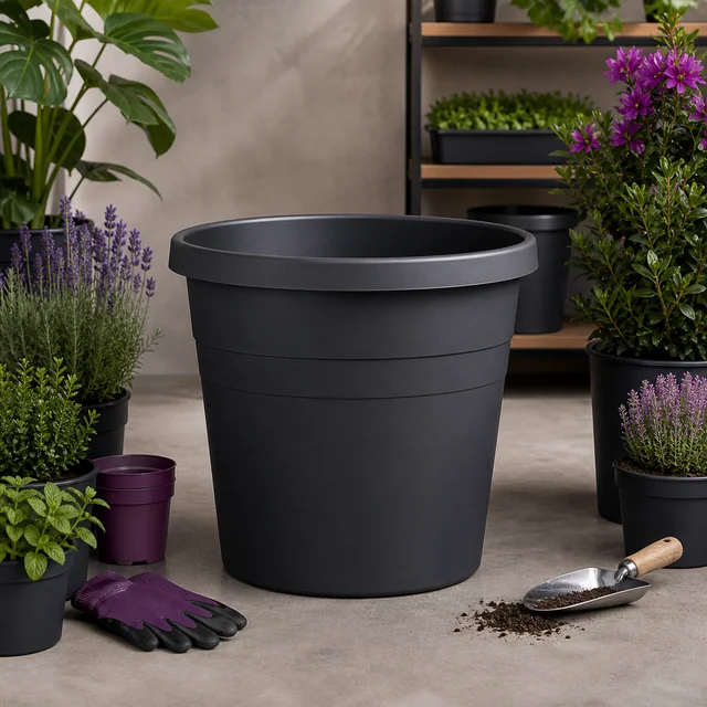Maceta grande negra vacía rodeada de plantas en macetas, con guantes morados y una pala con tierra en el suelo. Maceta grande negra vacía rodeada de plantas en macetas, con guantes morados y una pala con tierra en el suelo.