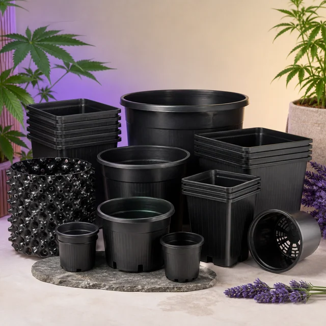 Selección de macetas negras redondas y cuadradas de varios tamaños, con un modelo perforado y otro tumbado que muestra la base. Selección de macetas negras redondas y cuadradas de varios tamaños, con un modelo perforado y otro tumbado que muestra la base.