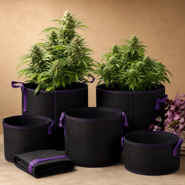 Macetas de tela negras con asas moradas en varios tamaños, dos con plantas de cannabis, otras vacías y una plegada delante. Macetas de tela negras con asas moradas en varios tamaños, dos con plantas de cannabis, otras vacías y una plegada delante.