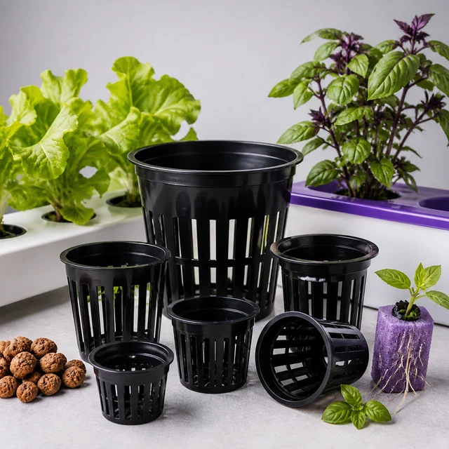 Macetas negras de rejilla de distintos tamaños, una tumbada, junto a bolas de arcilla y una plántula en un bloque morado con raíces visibles. Macetas negras de rejilla de distintos tamaños, una tumbada, junto a bolas de arcilla y una plántula en un bloque morado con raíces visibles.