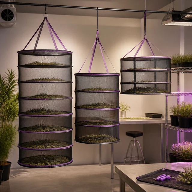 Tres secaderos colgantes de malla negra con bordes morados, de distintas alturas y varios niveles con material vegetal.
