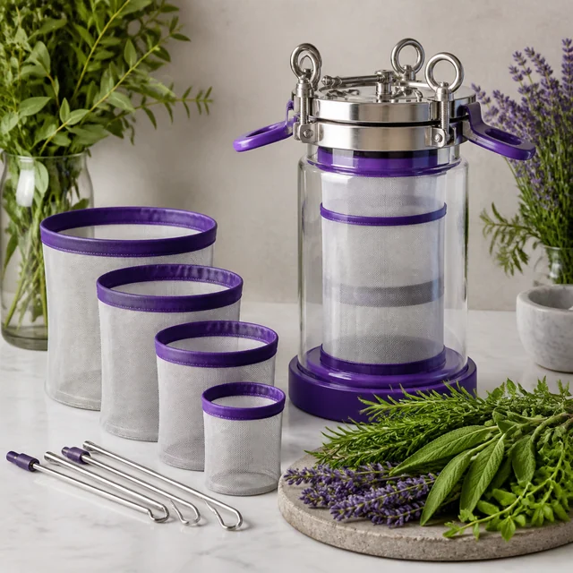 Recipiente transparente con cierre metálico y malla interior, junto a cuatro filtros cilíndricos de borde morado y varillas metálicas. Recipiente transparente con cierre metálico y malla interior, junto a cuatro filtros cilíndricos de borde morado y varillas metálicas.
