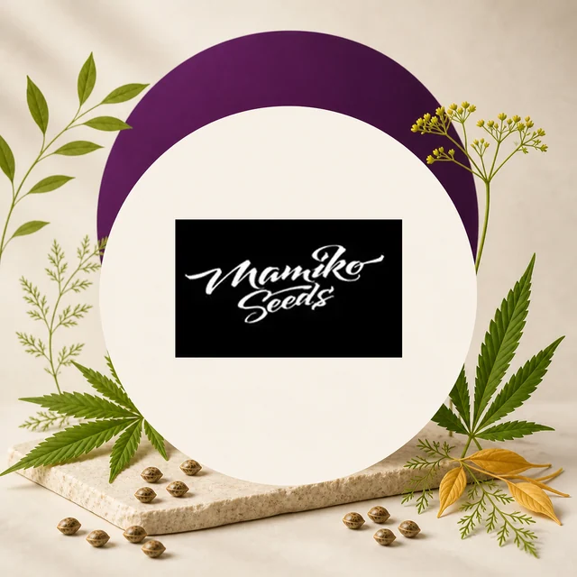 Logotipo de Mamiko Seeds en letras blancas sobre un rectángulo negro, enmarcado por un círculo crema, hojas, semillas y un arco morado. Logotipo de Mamiko Seeds en letras blancas sobre un rectángulo negro, enmarcado por un círculo crema, hojas, semillas y un arco morado.
