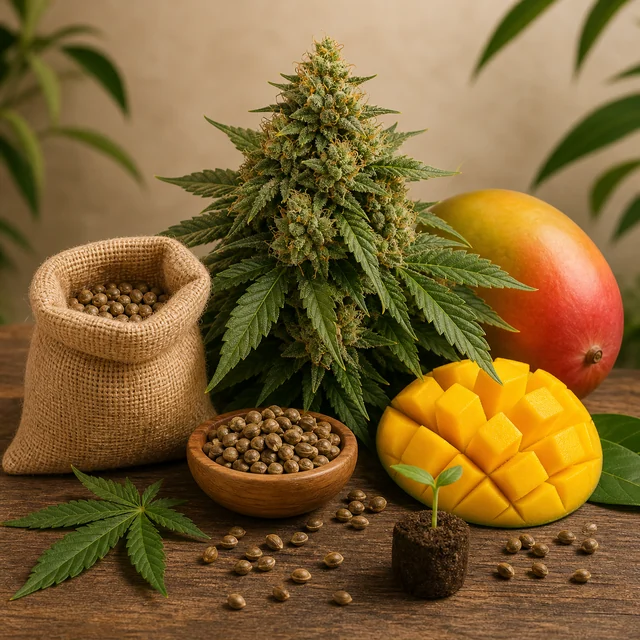 Planta de cannabis con cogollos junto a semillas en un saco y un cuenco, un mango entero, medio mango cortado y una plántula. Planta de cannabis con cogollos junto a semillas en un saco y un cuenco, un mango entero, medio mango cortado y una plántula.