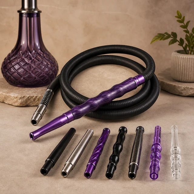 Manguera negra enrollada con mango morado y siete boquillas de distintos diseños alineadas delante de una base de cachimba morada.