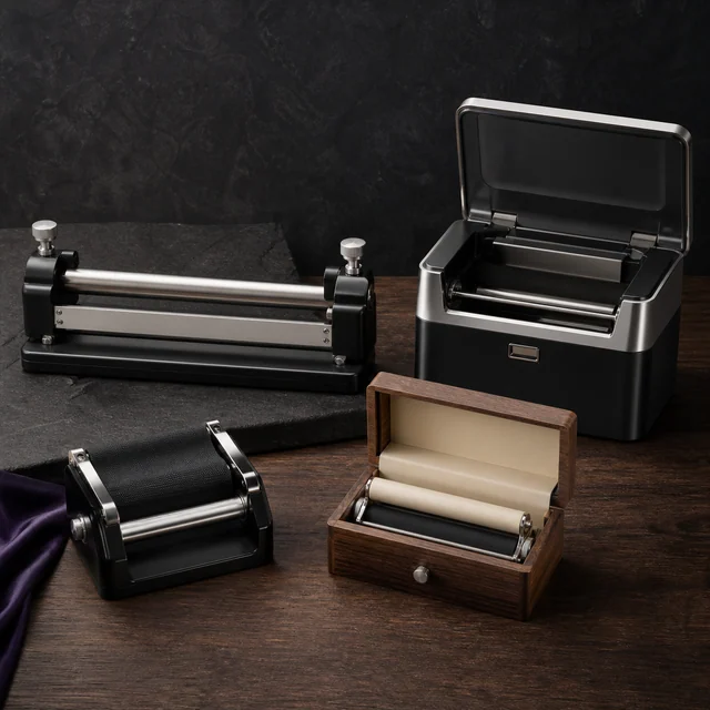 Cuatro modelos de máquinas de liar con rodillos, dos en estuches abiertos y una en caja de madera, sobre una mesa oscura. Cuatro modelos de máquinas de liar con rodillos, dos en estuches abiertos y una en caja de madera, sobre una mesa oscura.