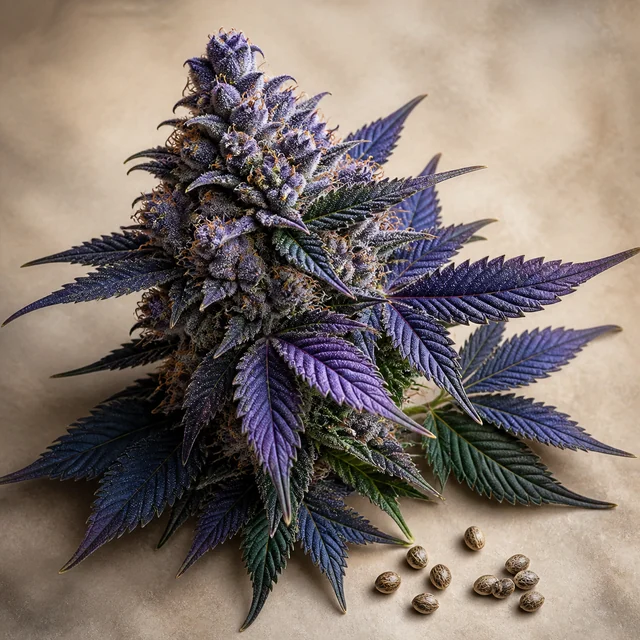 Primer plano de un cogollo de cannabis con hojas de tonos morados y verde oscuro, junto a varias semillas sobre fondo beige. Primer plano de un cogollo de cannabis con hojas de tonos morados y verde oscuro, junto a varias semillas sobre fondo beige.