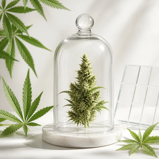 Cogollo de cannabis bajo una campana de cristal sobre una base blanca, con hojas alrededor y un panel transparente al fondo. Cogollo de cannabis bajo una campana de cristal sobre una base blanca, con hojas alrededor y un panel transparente al fondo.